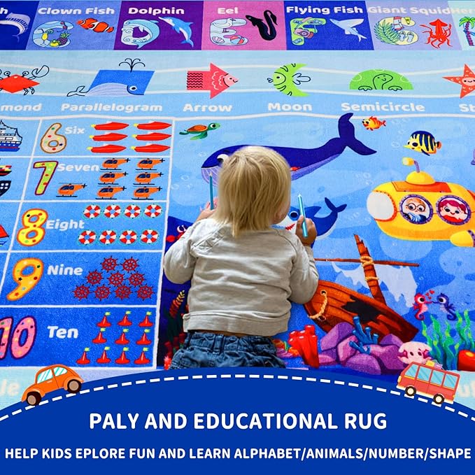ABC Kids Rug for Playroom 78.7"118" Ocean Baby Play Mat Alphabet Sea Animal Number Shape Classroom Early Learning Carpet for Preschool Toddlers