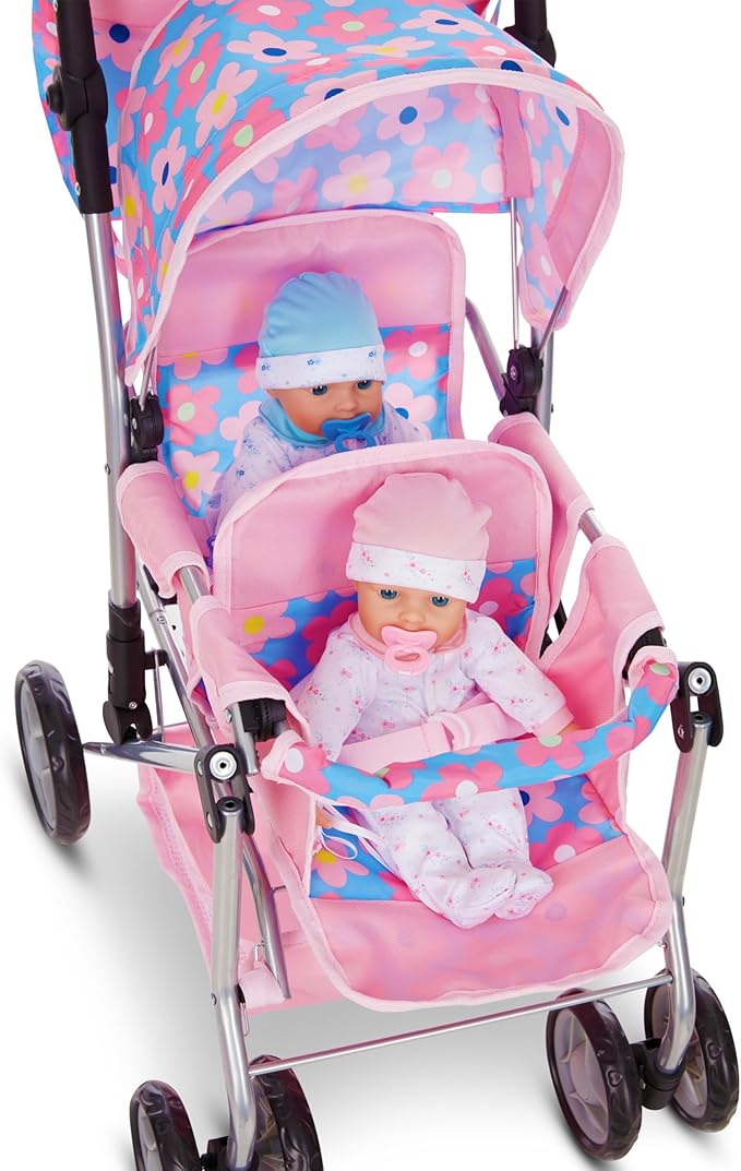 Baby Doll Double Stroller, Twin Buggy Carriage Pretend Play for Girls Kids Toddlers 27 Inches High Rotating Wheels Storage Basket Diaper Bag Blue