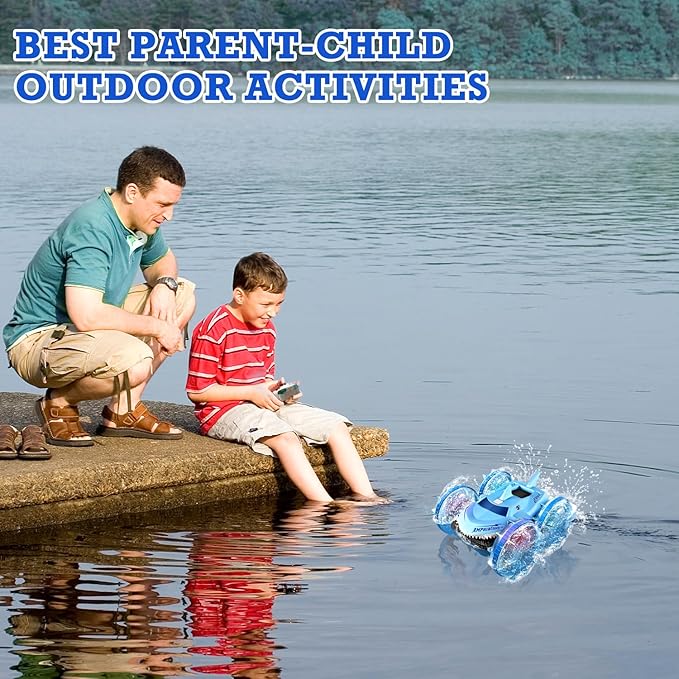 Amphibious Waterproof Remote Control Boat RC Car Monster Truck with Lights 4WD Gesture Hand Controlled Water Beach Pool Toys Kids Gifts for Boys Pool Toys Blue