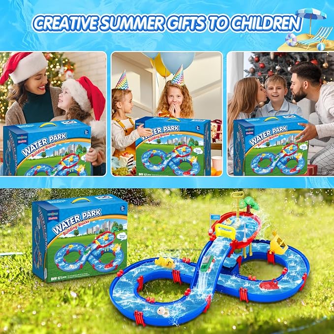 2-Tier Water Table Toys for Kids,61PCS Water Park Playset with Pump,Summer Water Toys Waterways for Backyard Beach Pool Lawn,Outdoor Toy for Toddlers 3-5 4-8, Gifts for Boys Girls