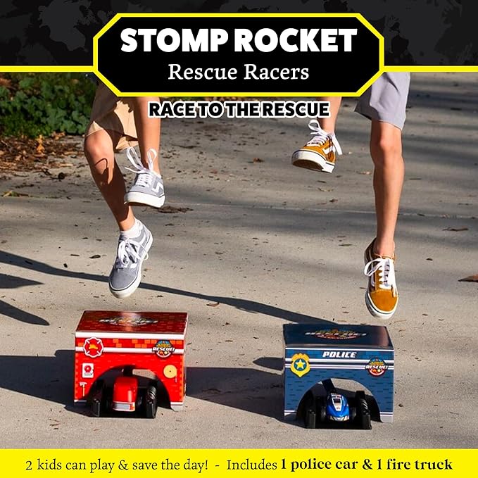 Stomp Rocket Original Stomp Rescue Racers - Dueling Race Cars for Kids - 1 Firetruck, 1 Police Car, 2 Launch Pads and 2 Tunnels - Fun Toy and Gift for Boys or Girls Age 5+ Years Old - STEM Toy