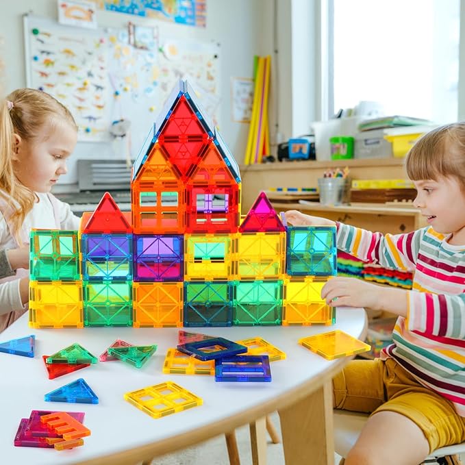 Gemmicc Magnetic Tiles, 126 PCS + Storage Case, STEM Building Blocks Magnet Toys for Kids,Educational Building Toy Stacking Blocks for Boys Girls,Huge Set with 2 Cars