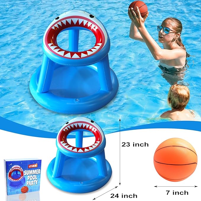 Pool Basketball Hoop Games Toys, Floating Inflatable Pool Shark Games Indoor/Outdoor for Kids Adults with 1 Basketball