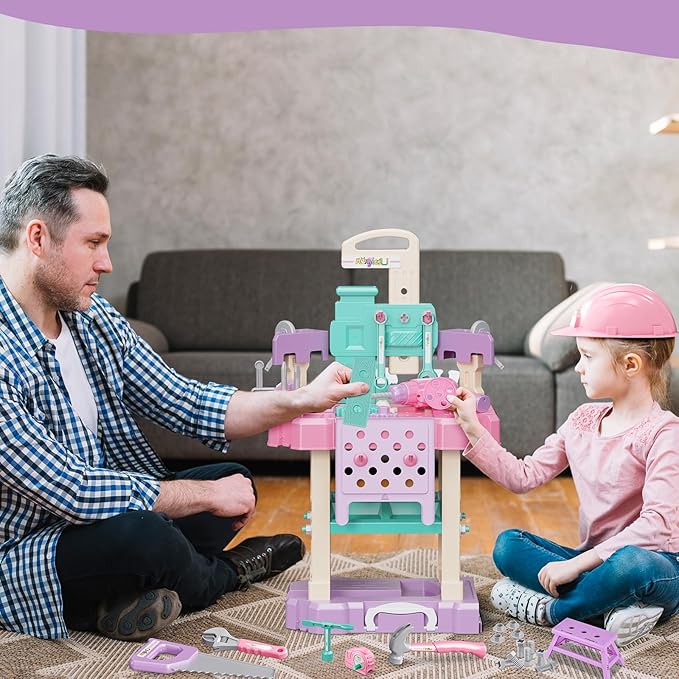 Kids Tool Bench Set,MAGIC4U 89PCS Toddler Tool Workbench with Electirc Drill 12 Tools Equipement,Safety Vest & Hat,Pretend Play Kids Construction Toys Gift for Girls Boys Age 3,4,5,6,7,8