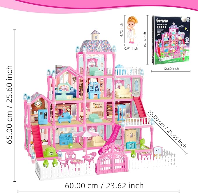 Doll House for Girls,13 Rooms Dollhouse with Dolls Figure, Puppies,Furnitures, Accessories, LED Light, Toddler Playhouse Gift for for 3 4 5 6 7 8 9 10 Year Old Girls Toys (Pink)