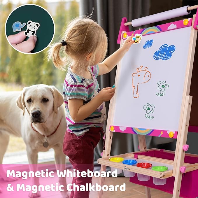 Joyooss Art Easel for Kids & Toddlers, Adjustable Painting Station - Wooden Easel with Whiteboard & Chalkboard for Ages 4-12