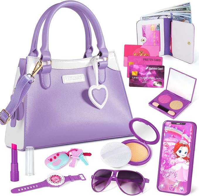 Shemira Play Purse for Little Girls, Princess Pretend Toys for Girls 3 4 5 6 7 8 Years Old, Christmas & Birthday Gift for Girls Age 3-5 4-6 6-8, Toddler Purse with Accessories, Kids Toy Purse, Purple