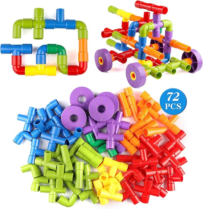 Joqutoys STEM Building Blocks Toy, 72 Pieces Creative Pipe Tube Sensory Toys, Construction Set Build Bicycle, Tank, Scootie, Motor Skills Endless Design Educational Learning Toys for Kids Aged 3+