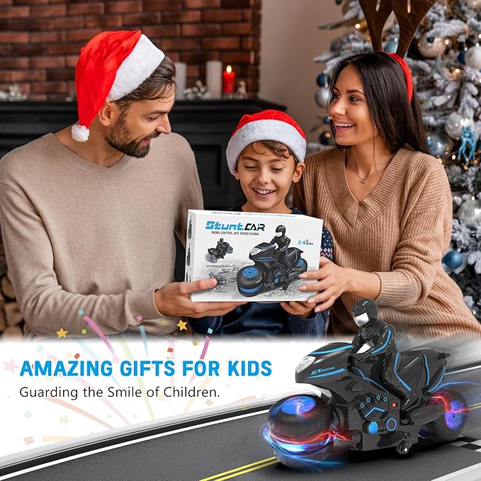 RC Motorcycle, Remote Control Motorcycle with RGB Wheels Lights - 360-degree Rotations, Drifts, High-Speed, RC Car Dirt Bike Toy for Boys 4-7 8-12 Years Kids