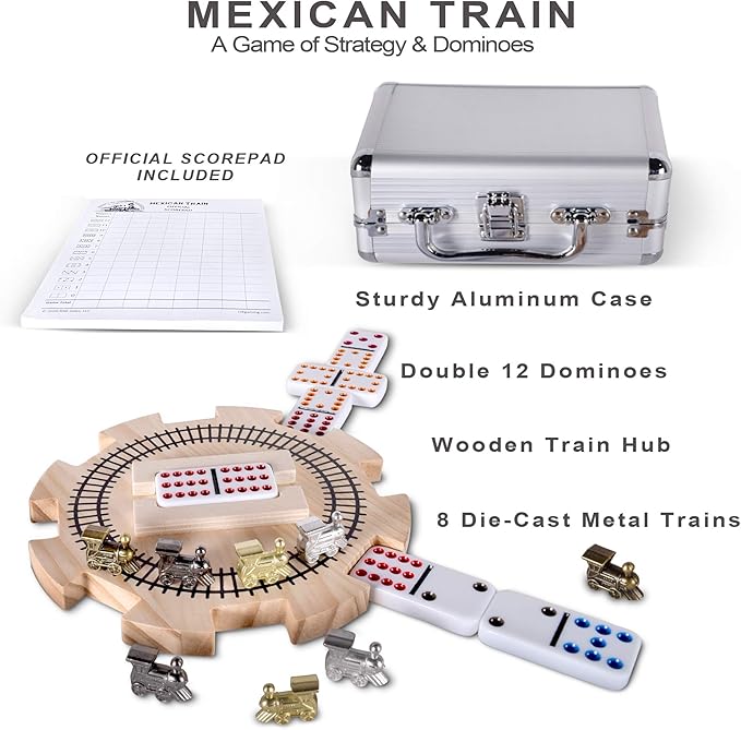 Mexican Train Dominoes Set Double 12 Color Dots with Wooden Hub 8 Metal Trains and Aluminum Case