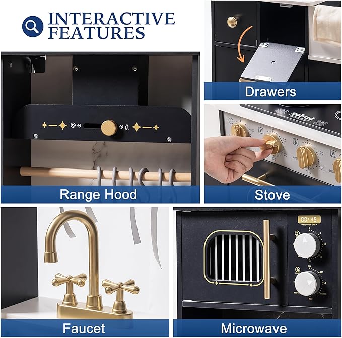 ROBOTIME Wooden Play Kitchen for Toddlers and Kids, Toy Kitchen Set with Ice Maker and Coffee Machine, Realistic Toddler Kitchen Set, Gift for Girls Boys Ages 3+