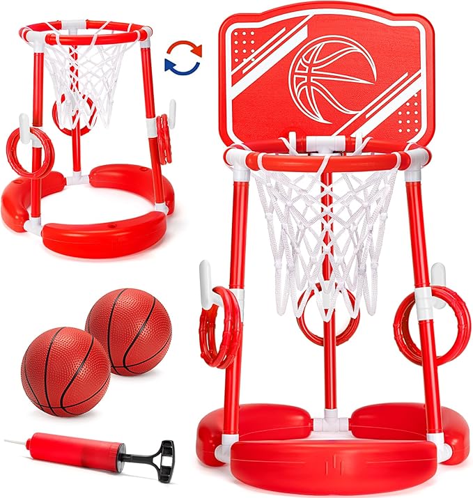 Pool Basketball Hoop, 2-in-1 Poolside Floating Pool Basketball Game, Swimming Pool Games for Kids Adults Indoor Outdoor Play, Water Play Toy Family Party, includes Hoop, Balls, Pump, Backboard, Red