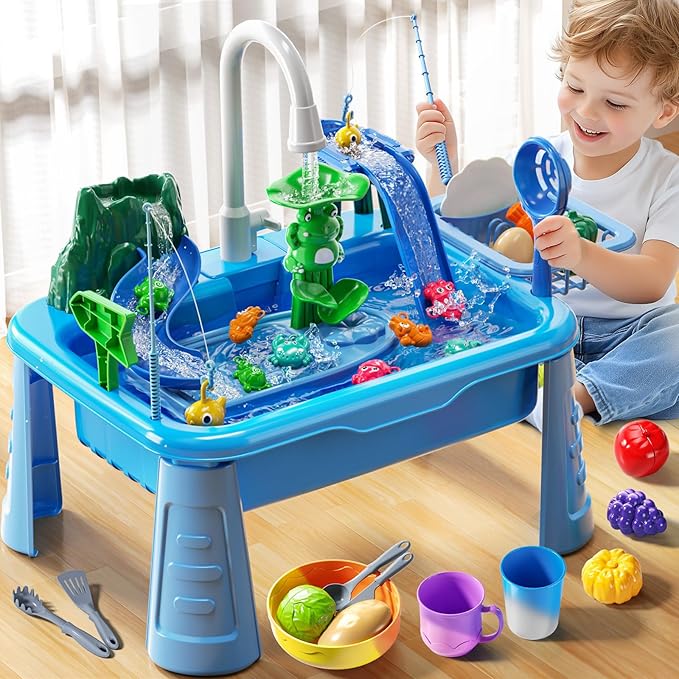 Water Table Play Sink Toy for Kids 2 3 4 5 6 Years Old - Outdoor Kitchen with Running Water, Fishing Games, Toddler Water Play Table for Kids Ages 3-8, Beach Outdoor Toys, Summer Gifts