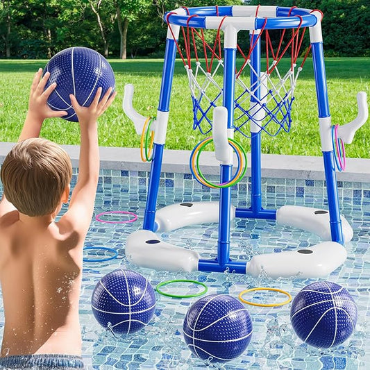 2 in 1 Pool Basketball Hoop Game for Kids Ages 3 4 5 6 7 Year Old, Floating Pool Toys with 4 Balls, Tossing Game, Summer Outdoor Swimming Water Play, Cool Party Gifts for Kids Adults Age 3-12