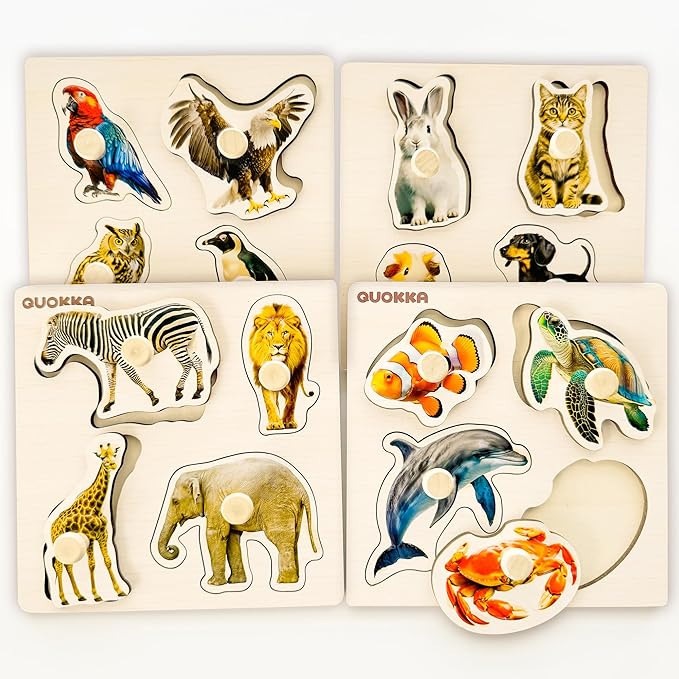 QUOKKA Wooden Puzzles for Toddlers 1-3 – 4 Set Pegged Puzzles for Kids Ages 2-4 – Animal and Birds Learning Toy for Kids – Gift Realistic Educational Game for Boy and Girl