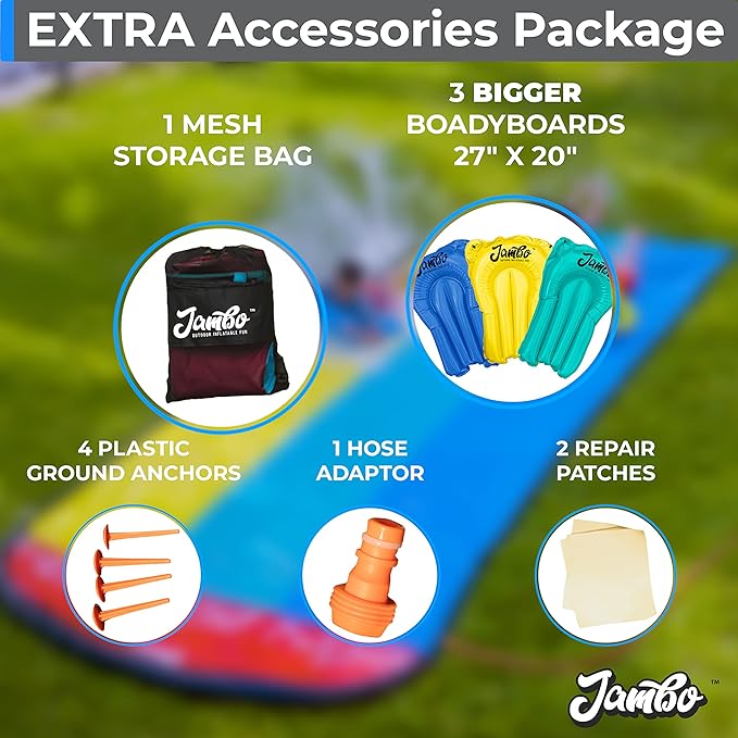 JAMBO 20Ft XL Premium 3 Lane Slip Splash and Slide with 3 Bodyboards, Heavy Duty Water Slide- Advanced 3-Way Water Sprinkler System, Backyard Waterslide Outdoor Water Toys n Slides for Kids Splash Pad