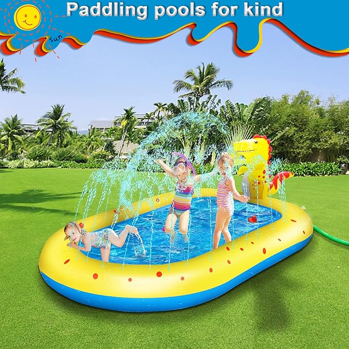 Inflatable Sprinkler Pool for Kids, Cute Dinosaur Kiddie Pool, 3-in-1 Backyard Splash Pad Swimming Outdoor Water Toys for Toddlers