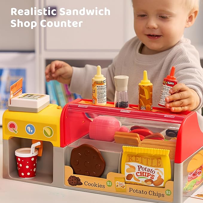 Pretend and Play Food Toy for Kids Toddlers, Play Kitchen Accessories Include Sandwich Maker Toy with Slicer for Ham, Menu and Ingredients, Play Restaurant Food Toy for Girls Birthday Gift