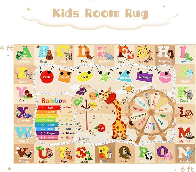 Kids Playroom Rug 4x6 Beige Rugs for Girls Bedroom Child Play Mat Educational and Fun Baby Care Rugs,Learning Rug with ABC Alphabets Animals Shapes No-Slip Carpets for Children Toddler Washable