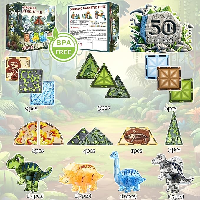 Magnetic Tiles Dinosaur Toys for Kids 3-5 5-7 Magnet Building Blocks Toddler Toy Dinosaurs - 3 Year Old Boy Gift STEM Learning Resources for Kids Ages 3 4 5 6 7 8 Gifts for 4 Year Old Boys
