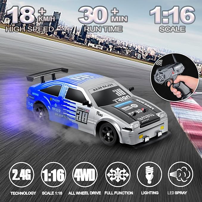 YUZ Remote Control Drift RC Car 1:16 Scale 2.4GHz Rechargeable Battery 18KM/H High Speed Racing With LED Lights Spray Drifting Tires Toy for Adults Boys Kids Gift