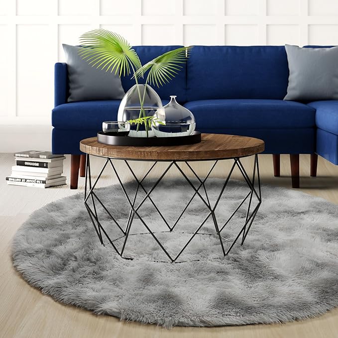 Amdrebio Tie-Dyed Light Grey Round Area Rugs for Living Room, 7x7 Large Soft Circle Rugs for Bedroom, Fluffy Shag Carpet for Kids Room, Big Modern Floor Circular Shaggy Farmhouse Rug