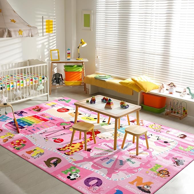 Kids Rugs for Playroom Bedroom Classroom Nursery, Non-Slip and Washable Rugs for Children Toddlers Girls, Educational and Fun Rug Carpets with ABC Alphabet Animals Shapes, 3x5, Pink