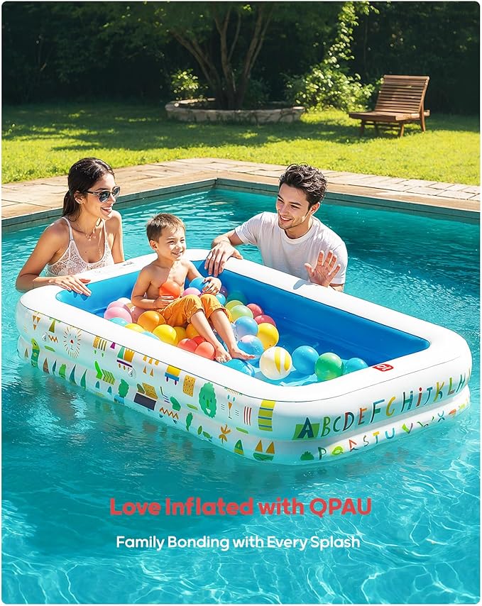 QPAU Kiddie Pool – 65" x 39" Inflatable Pool for Kids & Toddlers, Ball Pit & Baby Pool with Soft Cushioned Floor, Canopy for Sun Protection, Durable Outdoor Play Toys for Backyard & Indoor (Blue)