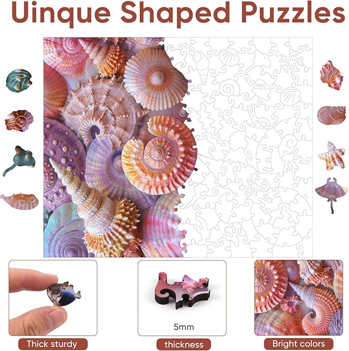 Wooden Puzzles for Adults, Sea Shell Wooden 200 Piece Puzzles for Adults,Unique Shaped Jigsaw Puzzles, Fun Challenge Brain Health Family Game Creative Gift for Friends 11.8 x 9.6in