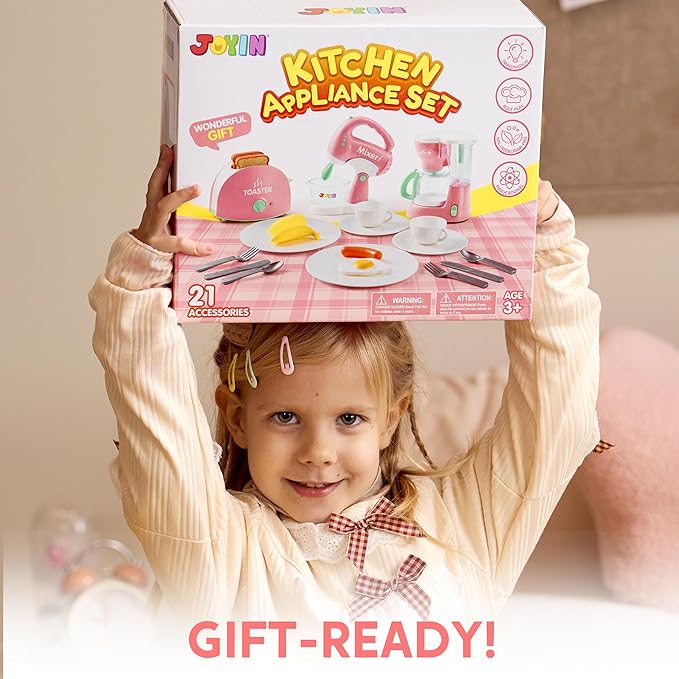 Joyin Play Kitchen Toys, Pretend and Play Food Kitchen Accessories GirlsToy with Coffee Maker, Mixer, Toaster with Realistic Lights& Sounds, Birthday Gift for Kids Ages 2 3 4 5, Pink