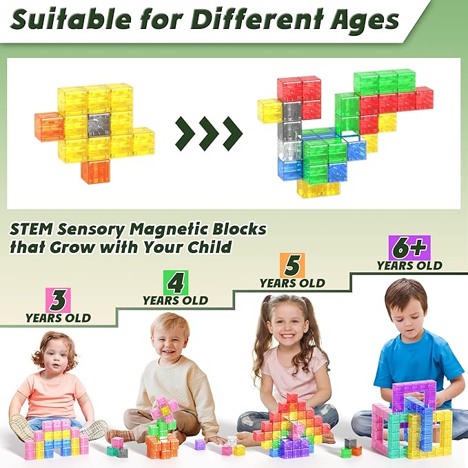 Magnetic Blocks Building Toys - Transparent Rainbow Magnetic Cubes Set, Outdoor Sensory Autism STEM Toys Gifts for Kids Aged 3+ Year Old Boys & Girls