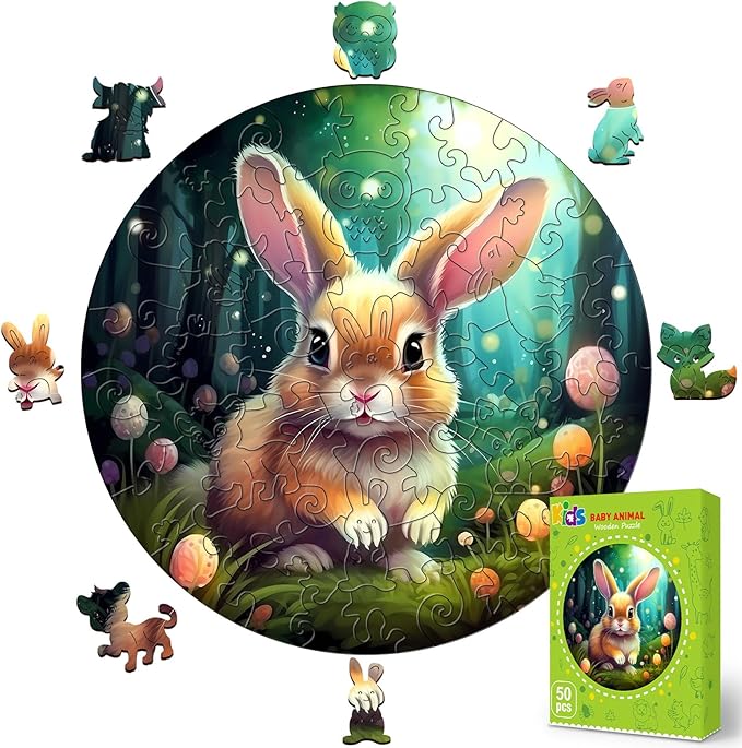 Easter Gifts for Kids Girls Boys, Easter Basket Stuffers, Wooden Jigsaw Puzzles for Kids Ages 4-6, 50 Piece Unique Shape Animal Theme Puzzle - Preschool Learning Educational Toys for Kid 3+ (Rabbits)