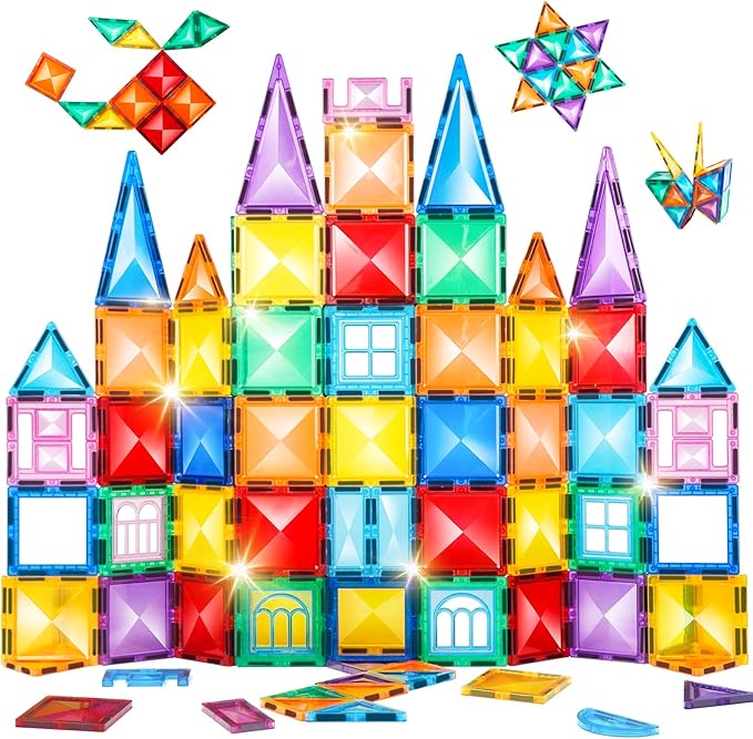 TOKBLOK 64Pcs Clear Diamond Magnetic Tiles - STEM Educational Building Blocks Toys for 3-6 Year Old Boys & Girls | Ideal for Toddler Early Development (Starter Set)
