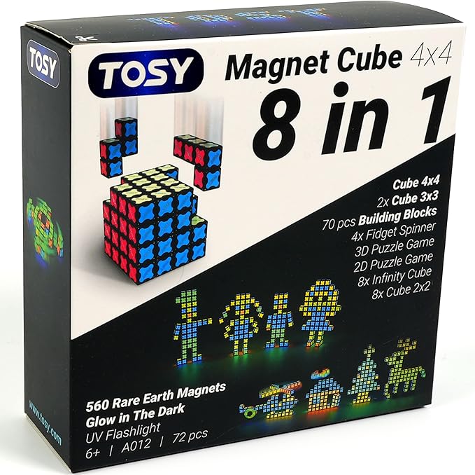 TOSY Magnet Cube 4x4 - 560 Magnets, 70 Blocks, 8 in 1 Toy: Puzzle Cube Game, Creative Building Blocks, Transformable Fidget Spinner, Infinity Cube, Magnet Tiles, UV Flashlight, Glowing STEAM Toy