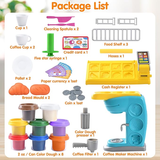 Color Dough Sets for Kids 2-4 4-8, Play Kitchen Creation Cafe Dough Toy Sets, Color Dough Tools, Coffee Maker Set Dough, Arts and Crafts Clay for Girls Boys, 8 Cans of Modeling Compound