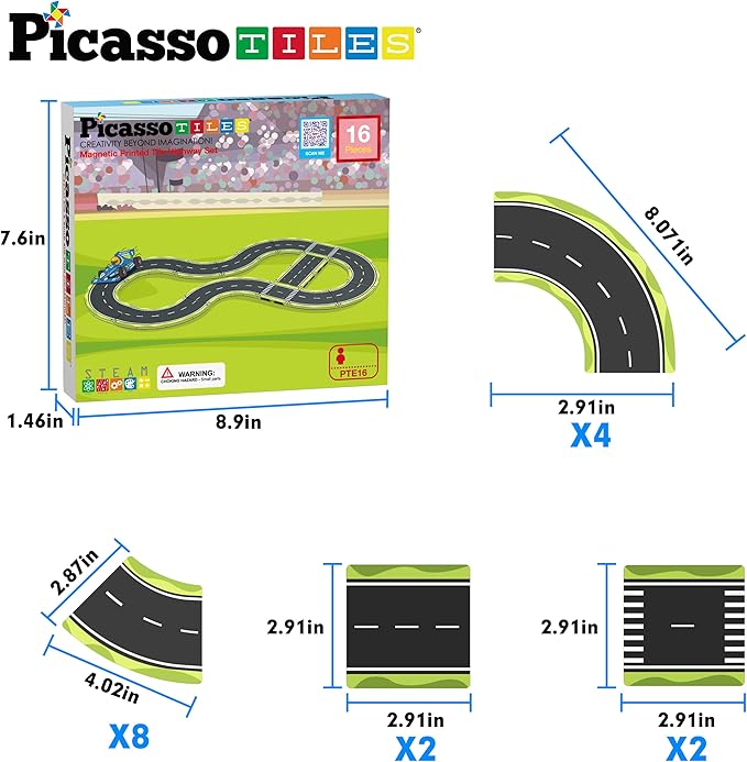 PicassoTiles Magnet Tile Car Track Adventure Theme Printed Street Road Runway Speedway Highway Magnetic Building Tiles Block Construction Pretend Play Playset STEM Education Learning Kit Kids 3+ PTE16