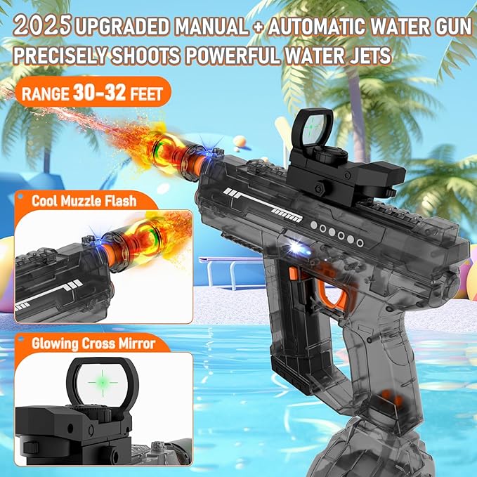 Electric Water Gun for Kids Adults, Transparent Automatic Squirt Gun with 30-32 FT Long Range, Summer Outdoor Beach Swimming Pool Party Toys for Boys Girls Adults (Black)