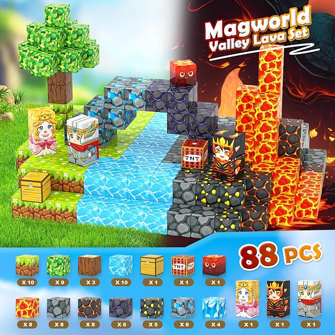 Magnetic Blocks - Build Mine Magnet World Lava Valley Set, 1" Magnetic Cube Building Toys for Kids Ages 3+, Montessori Sensory Toys for Toddlers, Creative Game Themed Toy Gifts for Boys & Girls
