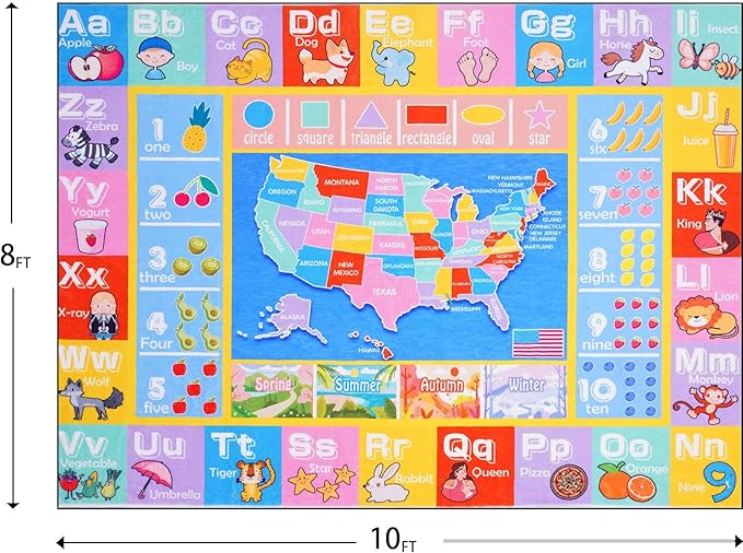 Kids Rugs for Playroom - Soft & Non-Slip 8x10 Feet Educational Rug for Learning ABC Alphabet, Numbers, Shapes & Map, Washable Classroom Rug for Toddler Nursery & Kids Room Decor