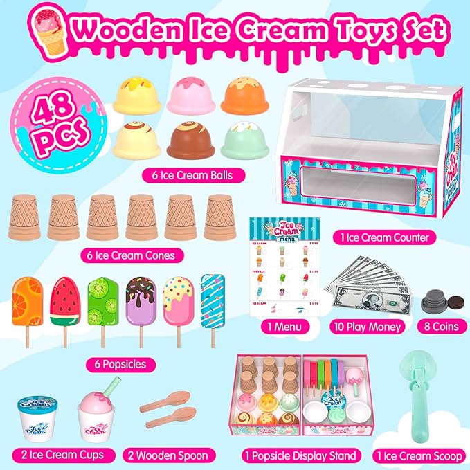 Wooden Ice Cream Toys Kids Toy Food for Toddler Girls 3+, Ice Cream Shop Playset, Pretend Play Kitchen Toys with Display Counter & Fake Money - Wooden Food Toys for 3 4 5 Year Old Girls Boys Birthday