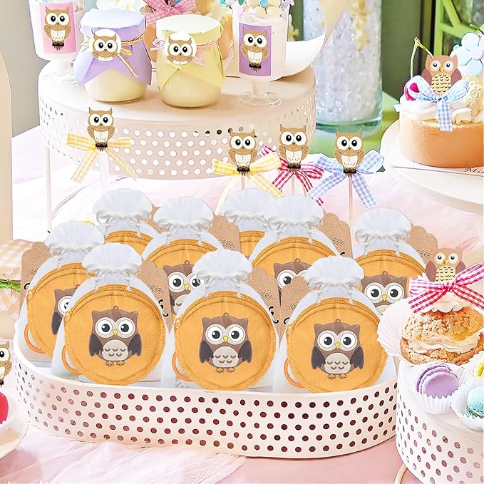 36 Pack Owl Change Purses Set Include 12 Wallets with Keyring,12 Thank You Tags and 12 Organza Bags for Woodland Forest Animals Party,Thanksgiving,Baby Shower,Birthday Party, Khaki