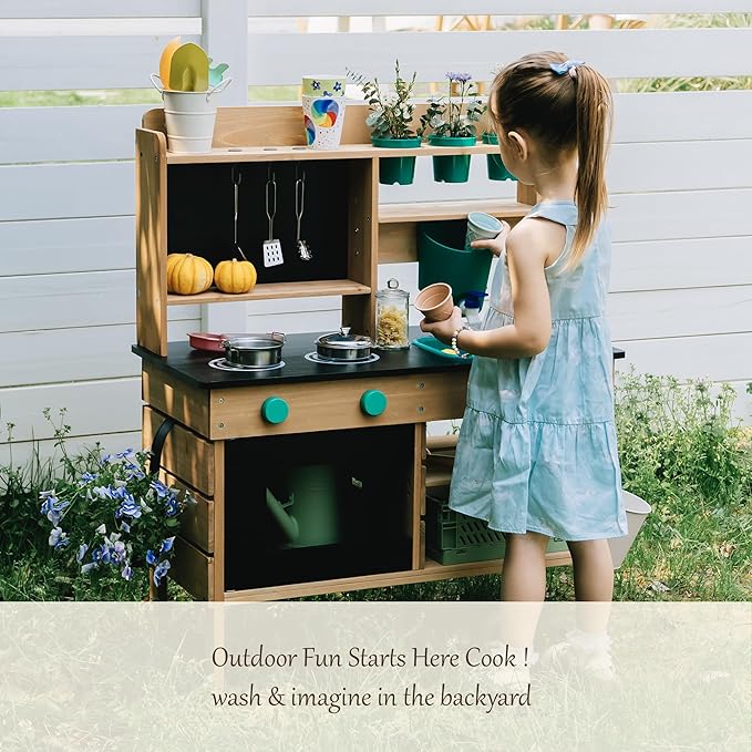Mud Kitchen for Kids Outdoor – Wooden Pretend Play Kitchen Set with Realistic Stove, Sink & Gardening Tools | Montessori Learning Playset Toy for Toddler Ages 3+