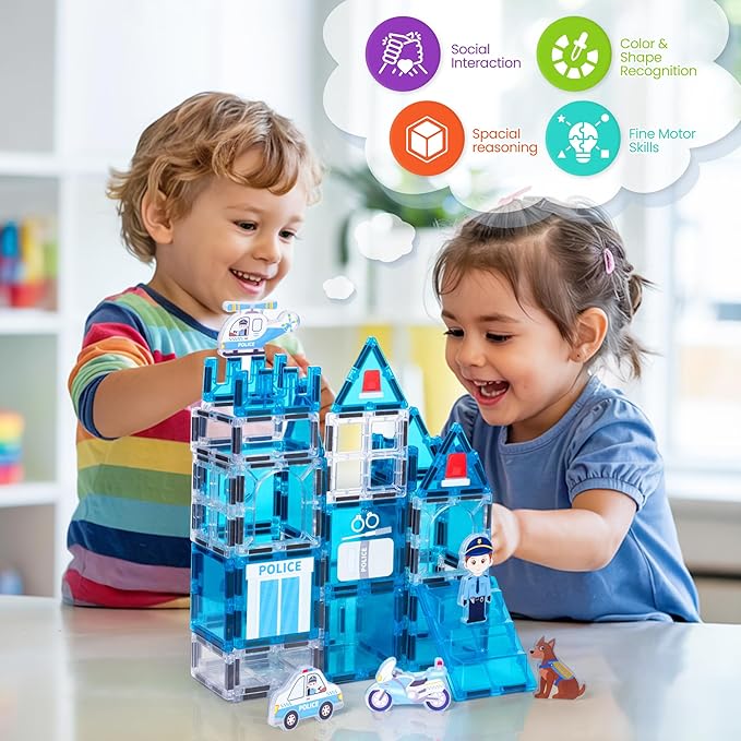 cossy Magnetic Tiles Police Set, Magnetiles with Policeman, Magnetic Tiles for Kids Ages 4-8, STEM Toys, Magnet Blocks for Boys and Girls, Creative Building Toys, Police