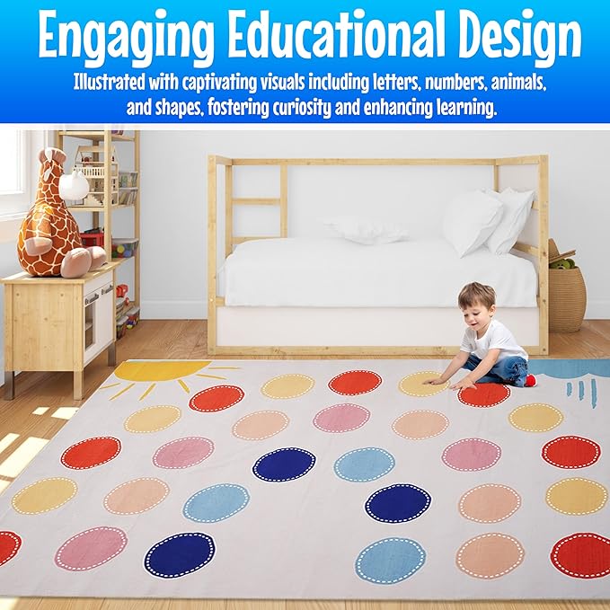 Hudson Comfort Classroom Rug 8x10 - Rugs for Elementary, Daycare, Nursery, and Playroom - Super Soft Non-Slip Carpet - Kids Fun Floor Mat for Playtime (Rainbow)