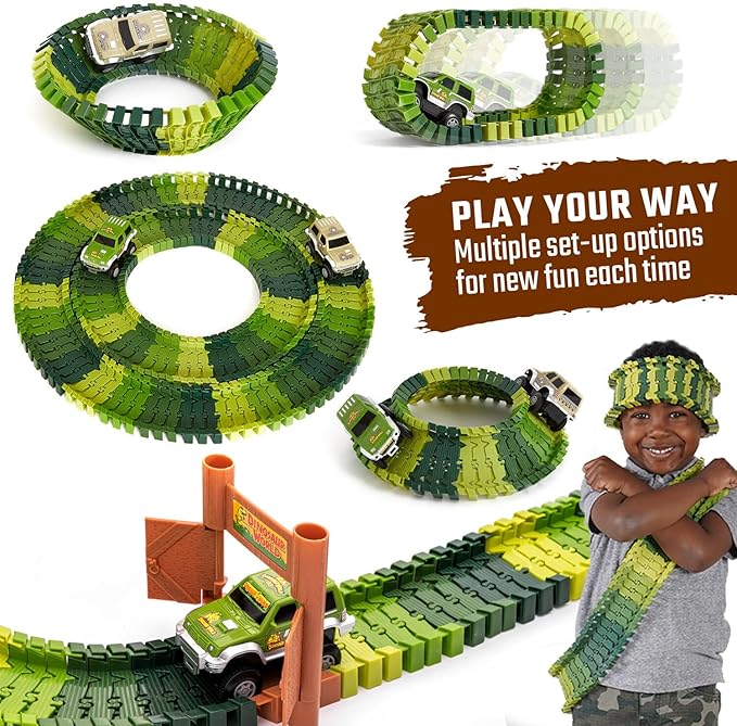 JITTERYGIT Race Track and Dinosaur Track Christmas Bundle Gift, Glow in The Dark Flexible Racing STEM Vehicle Play Set, Magic Racetrack Present for Boys, Girls, Toddler Ages 3 4 5 6 7 8 9 Years Old
