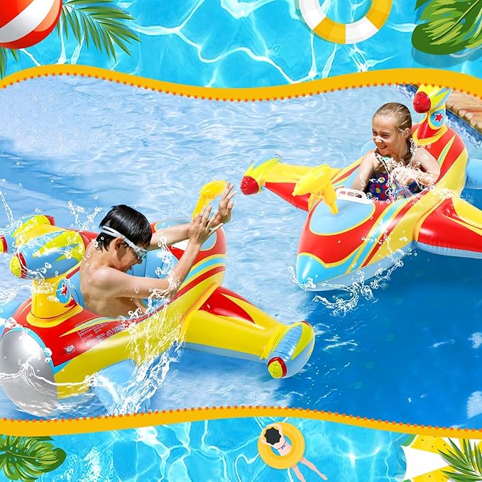Civaner Inflatable Pool Float Toddler Swimming Float Boat with Water Gun for Kids Blow up Swimming Tube Ride-on Airplane Pool Floaties for Summer Pool Beach Outdoor Party Supplies