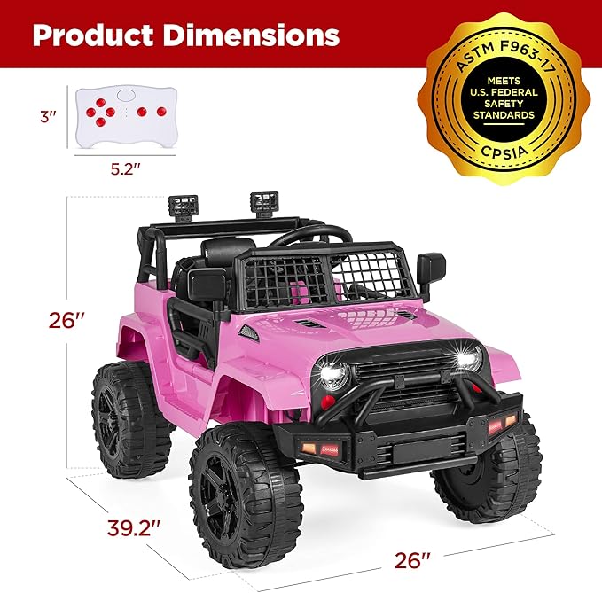 Best Choice Products 12V Kids Ride On Truck Car w/Parent Remote Control, Spring Suspension, LED Lights, AUX Port - Pink