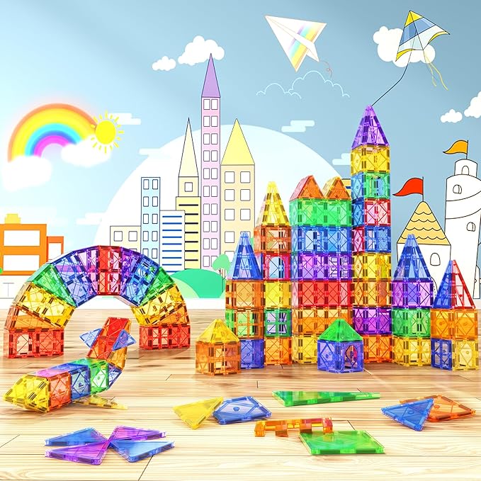 52PCS Magnetic Tiles Toys for 3 Year Old Boys and Girls Magnetic Building Blocks STEM Learning Toys Sensory Montessori Toys for Toddlers Kids