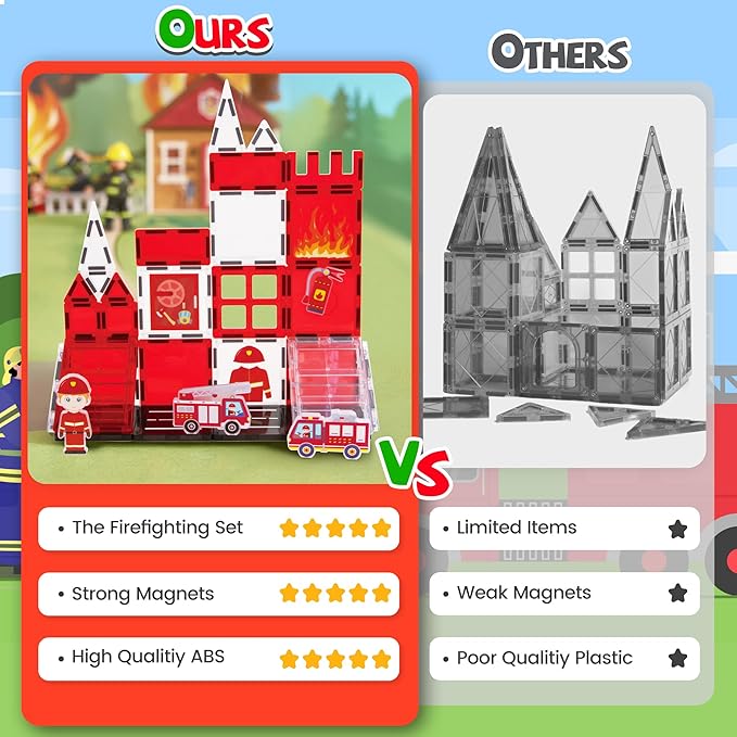 cossy Magnetic Tiles Firefighter Set, Magnetiles with Firefighter, Magnetic Tiles for Kids Ages 4-8, STEM Toys, Magnet Blocks for Boys and Girls, Creative Building Toys, Firefighter