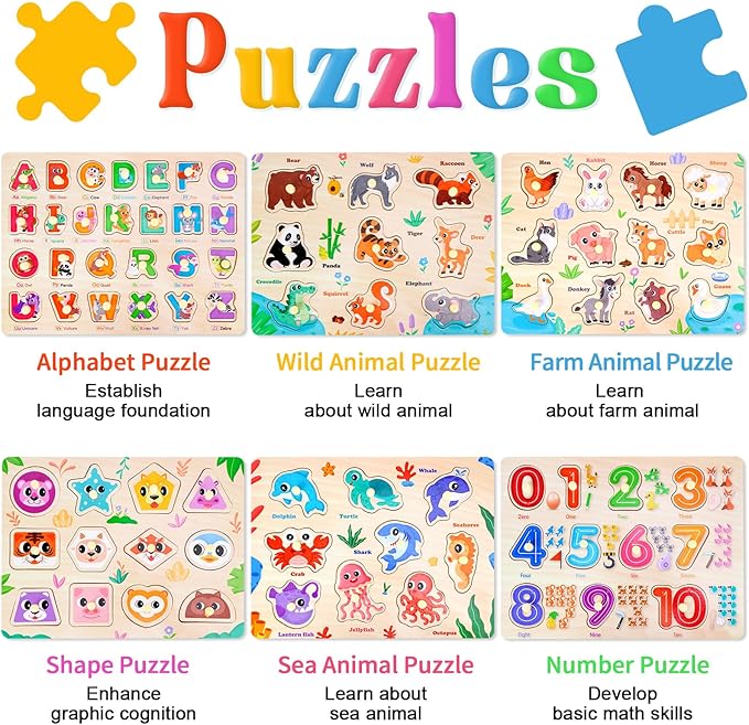 Toddler Puzzles Montessori Toys for 3 4 5 Years Old, 6 PCS Wooden Puzzles for Kids Ages 4-6 - Learning Alphabet, Numbers, Shapes and Animals, Educational Toys Puzzle Gifts for Girls Boys